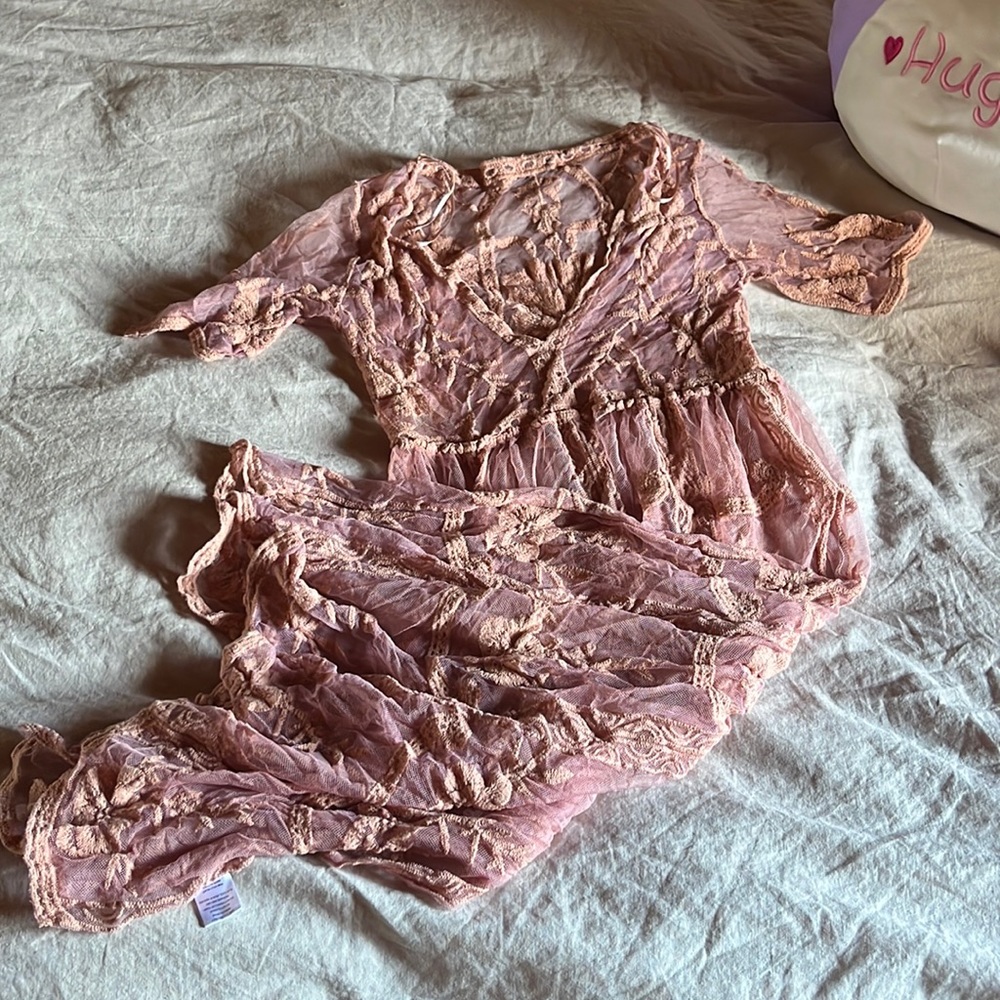 Pink sheer embroidered swim coverup